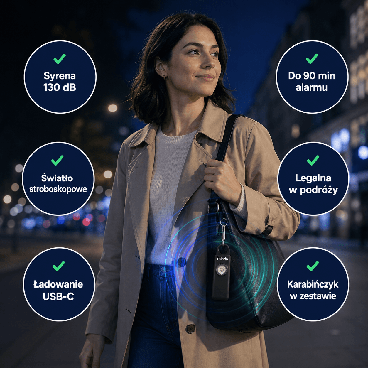 Kluczowe funkcje alarmu Tindo — syrena 130 dB, światło stroboskopowe, ładowanie USB-C, legalna w podróży